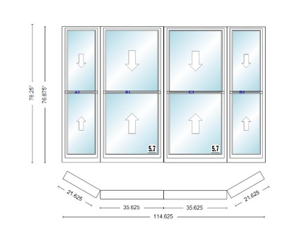 Andersen 400 Series Double Hung Bay Window 114 5/8" Wide Double Hung With Double Hung Flankers 30 Degree Angle Of Deflection Vinyl Exterior Wood Interior Low-E4 Dual Pane Argon Gas