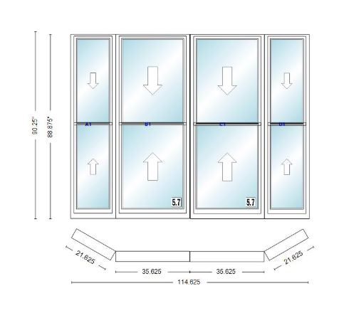 Andersen 400 Series Double Hung Bay Window 114 5/8" Wide Double Hung With Double Hung Flankers 30 Degree Angle Of Deflection Vinyl Exterior Wood Interior Low-E4 Dual Pane Argon Gas
