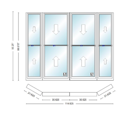 Andersen 400 Series Double Hung Bay Window 114 5/8" Wide Double Hung With Double Hung Flankers 30 Degree Angle Of Deflection Vinyl Exterior Wood Interior Low-E4 Dual Pane Argon Gas