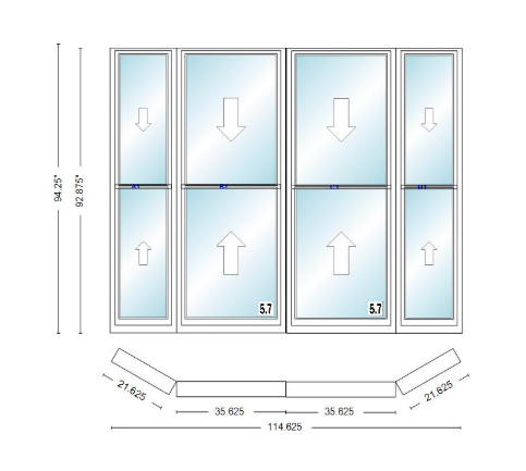Andersen 400 Series Double Hung Bay Window 114 5/8" Wide Double Hung With Double Hung Flankers 30 Degree Angle Of Deflection Vinyl Exterior Wood Interior Low-E4 Dual Pane Argon Gas