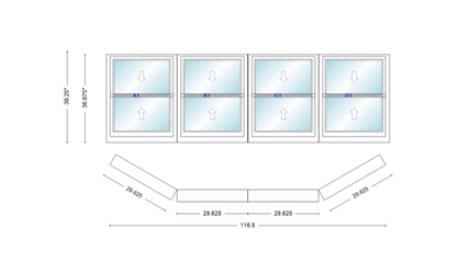 Andersen 400 Series Double Hung Bay Window 116 1/2" Wide Double Hung With Double Hung Flankers 30 Degree Angle Of Deflection Vinyl Exterior Wood Interior Low-E4 Dual Pane Argon Gas