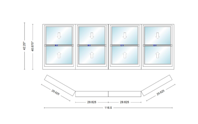 Andersen 400 Series Double Hung Bay Window 116 1/2" Wide Double Hung With Double Hung Flankers 30 Degree Angle Of Deflection Vinyl Exterior Wood Interior Low-E4 Dual Pane Argon Gas