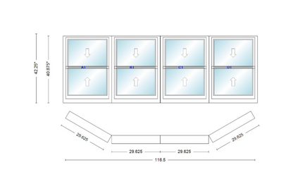 Andersen 400 Series Double Hung Bay Window 116 1/2" Wide Double Hung With Double Hung Flankers 30 Degree Angle Of Deflection Vinyl Exterior Wood Interior Low-E4 Dual Pane Argon Gas