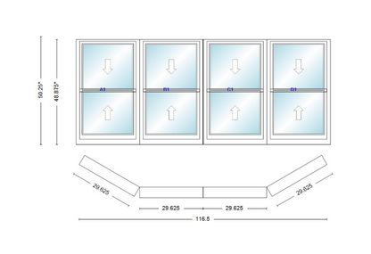 Andersen 400 Series Double Hung Bay Window 116 1/2" Wide Double Hung With Double Hung Flankers 30 Degree Angle Of Deflection Vinyl Exterior Wood Interior Low-E4 Dual Pane Argon Gas