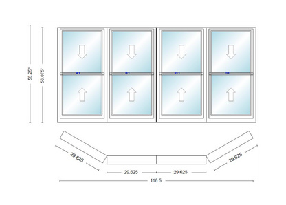 Andersen 400 Series Double Hung Bay Window 116 1/2" Wide Double Hung With Double Hung Flankers 30 Degree Angle Of Deflection Vinyl Exterior Wood Interior Low-E4 Dual Pane Argon Gas
