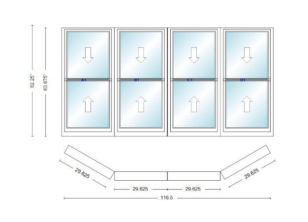 Andersen 400 Series Double Hung Bay Window 116 1/2" Wide Double Hung With Double Hung Flankers 30 Degree Angle Of Deflection Vinyl Exterior Wood Interior Low-E4 Dual Pane Argon Gas