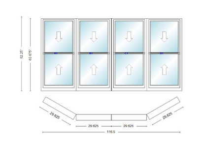 Andersen 400 Series Double Hung Bay Window 116 1/2" Wide Double Hung With Double Hung Flankers 30 Degree Angle Of Deflection Vinyl Exterior Wood Interior Low-E4 Dual Pane Argon Gas