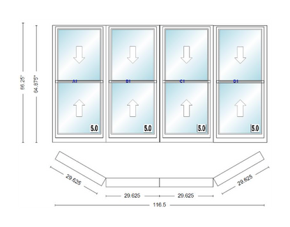 Andersen 400 Series Double Hung Bay Window 116 1/2" Wide Double Hung With Double Hung Flankers 30 Degree Angle Of Deflection Vinyl Exterior Wood Interior Low-E4 Dual Pane Argon Gas