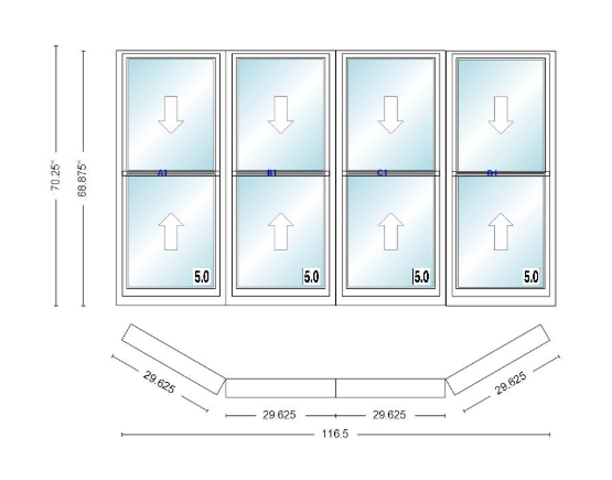 Andersen 400 Series Double Hung Bay Window 116 1/2" Wide Double Hung With Double Hung Flankers 30 Degree Angle Of Deflection Vinyl Exterior Wood Interior Low-E4 Dual Pane Argon Gas