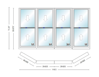 Andersen 400 Series Double Hung Bay Window 116 1/2" Wide Double Hung With Double Hung Flankers 30 Degree Angle Of Deflection Vinyl Exterior Wood Interior Low-E4 Dual Pane Argon Gas