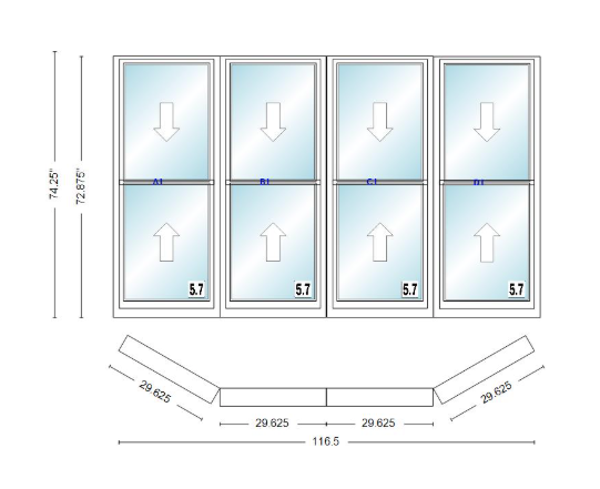 Andersen 400 Series Double Hung Bay Window 116 1/2" Wide Double Hung With Double Hung Flankers 30 Degree Angle Of Deflection Vinyl Exterior Wood Interior Low-E4 Dual Pane Argon Gas