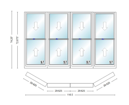Andersen 400 Series Double Hung Bay Window 116 1/2" Wide Double Hung With Double Hung Flankers 30 Degree Angle Of Deflection Vinyl Exterior Wood Interior Low-E4 Dual Pane Argon Gas