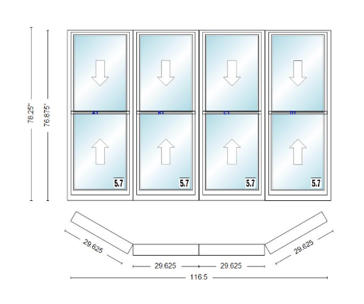 Andersen 400 Series Double Hung Bay Window 116 1/2" Wide Double Hung With Double Hung Flankers 30 Degree Angle Of Deflection Vinyl Exterior Wood Interior Low-E4 Dual Pane Argon Gas