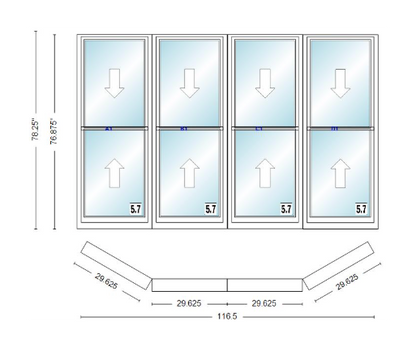 Andersen 400 Series Double Hung Bay Window 116 1/2" Wide Double Hung With Double Hung Flankers 30 Degree Angle Of Deflection Vinyl Exterior Wood Interior Low-E4 Dual Pane Argon Gas