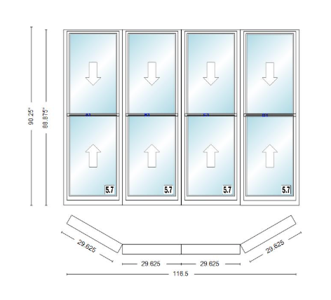 Andersen 400 Series Double Hung Bay Window 116 1/2" Wide Double Hung With Double Hung Flankers 30 Degree Angle Of Deflection Vinyl Exterior Wood Interior Low-E4 Dual Pane Argon Gas