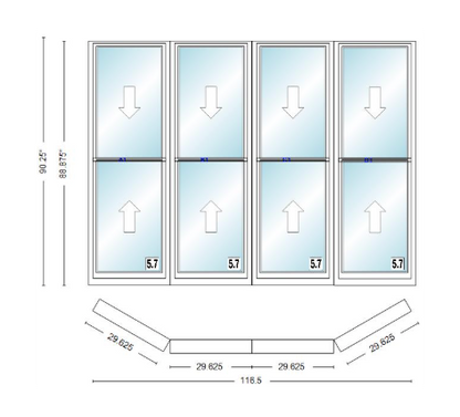 Andersen 400 Series Double Hung Bay Window 116 1/2" Wide Double Hung With Double Hung Flankers 30 Degree Angle Of Deflection Vinyl Exterior Wood Interior Low-E4 Dual Pane Argon Gas