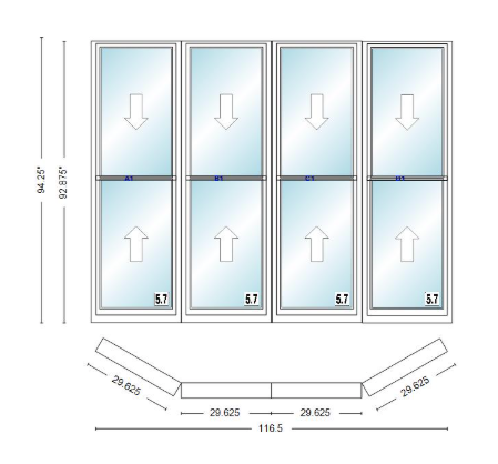 Andersen 400 Series Double Hung Bay Window 116 1/2" Wide Double Hung With Double Hung Flankers 30 Degree Angle Of Deflection Vinyl Exterior Wood Interior Low-E4 Dual Pane Argon Gas