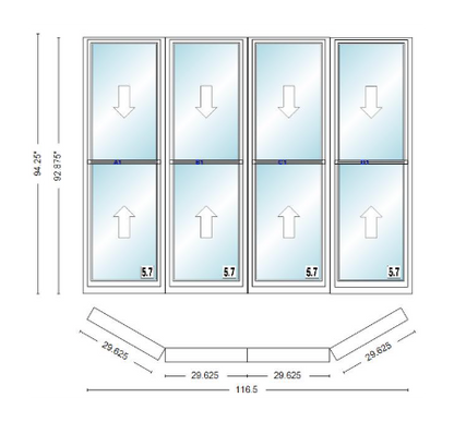 Andersen 400 Series Double Hung Bay Window 116 1/2" Wide Double Hung With Double Hung Flankers 30 Degree Angle Of Deflection Vinyl Exterior Wood Interior Low-E4 Dual Pane Argon Gas