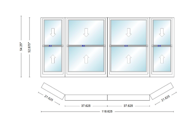 Andersen 400 Series Double Hung Bay Window 118 5/8" Wide Double Hung With Double Hung Flankers 30 Degree Angle Of Deflection Vinyl Exterior Wood Interior Low-E4 Dual Pane Argon Gas