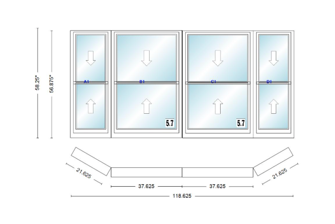 Andersen 400 Series Double Hung Bay Window 118 5/8" Wide Double Hung With Double Hung Flankers 30 Degree Angle Of Deflection Vinyl Exterior Wood Interior Low-E4 Dual Pane Argon Gas