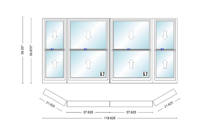 Andersen 400 Series Double Hung Bay Window 118 5/8" Wide Double Hung With Double Hung Flankers 30 Degree Angle Of Deflection Vinyl Exterior Wood Interior Low-E4 Dual Pane Argon Gas