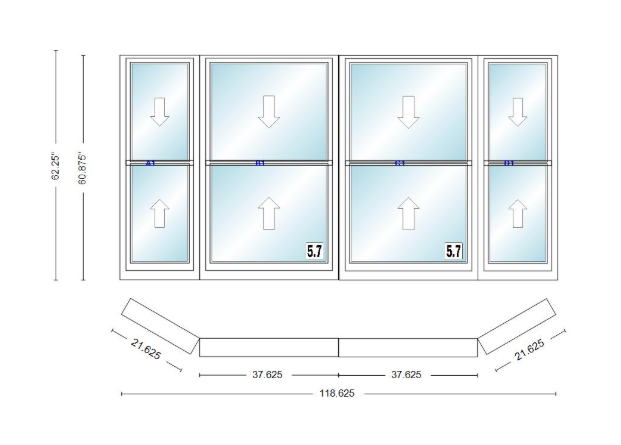 Andersen 400 Series Double Hung Bay Window 118 5/8" Wide Double Hung With Double Hung Flankers 30 Degree Angle Of Deflection Vinyl Exterior Wood Interior Low-E4 Dual Pane Argon Gas