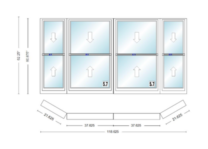Andersen 400 Series Double Hung Bay Window 118 5/8" Wide Double Hung With Double Hung Flankers 30 Degree Angle Of Deflection Vinyl Exterior Wood Interior Low-E4 Dual Pane Argon Gas