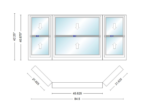Andersen 400 Series Double Hung Bay Window 84 1/2" Wide Double Hung With Double Hung Flankers 45 Degree Angle Of Deflection Vinyl Exterior Wood Interior Low-E4 Dual Pane Argon Gas
