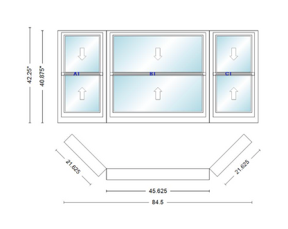 Andersen 400 Series Double Hung Bay Window 84 1/2" Wide Double Hung With Double Hung Flankers 45 Degree Angle Of Deflection Vinyl Exterior Wood Interior Low-E4 Dual Pane Argon Gas