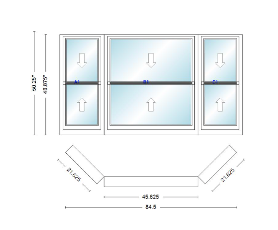 Andersen 400 Series Double Hung Bay Window 84 1/2" Wide Double Hung With Double Hung Flankers 45 Degree Angle Of Deflection Vinyl Exterior Wood Interior Low-E4 Dual Pane Argon Gas