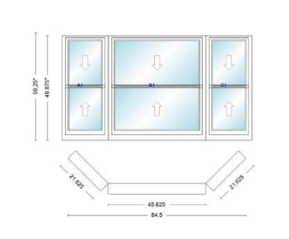 Andersen 400 Series Double Hung Bay Window 84 1/2" Wide Double Hung With Double Hung Flankers 45 Degree Angle Of Deflection Vinyl Exterior Wood Interior Low-E4 Dual Pane Argon Gas