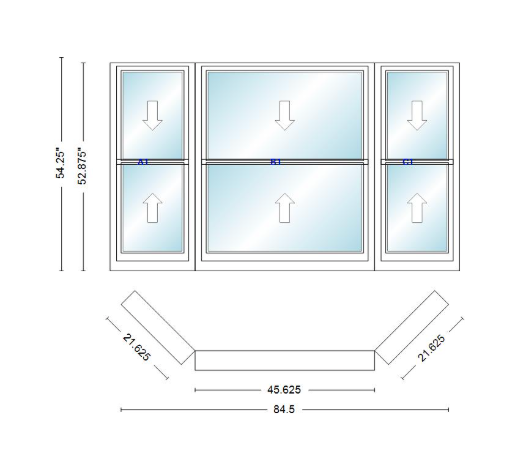 Andersen 400 Series Double Hung Bay Window 84 1/2" Wide Double Hung With Double Hung Flankers 45 Degree Angle Of Deflection Vinyl Exterior Wood Interior Low-E4 Dual Pane Argon Gas