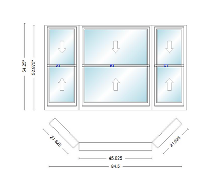 Andersen 400 Series Double Hung Bay Window 84 1/2" Wide Double Hung With Double Hung Flankers 45 Degree Angle Of Deflection Vinyl Exterior Wood Interior Low-E4 Dual Pane Argon Gas