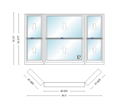 Andersen 400 Series Double Hung Bay Window 84 1/2" Wide Double Hung With Double Hung Flankers 45 Degree Angle Of Deflection Vinyl Exterior Wood Interior Low-E4 Dual Pane Argon Gas