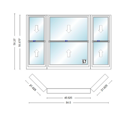 Andersen 400 Series Double Hung Bay Window 84 1/2" Wide Double Hung With Double Hung Flankers 45 Degree Angle Of Deflection Vinyl Exterior Wood Interior Low-E4 Dual Pane Argon Gas