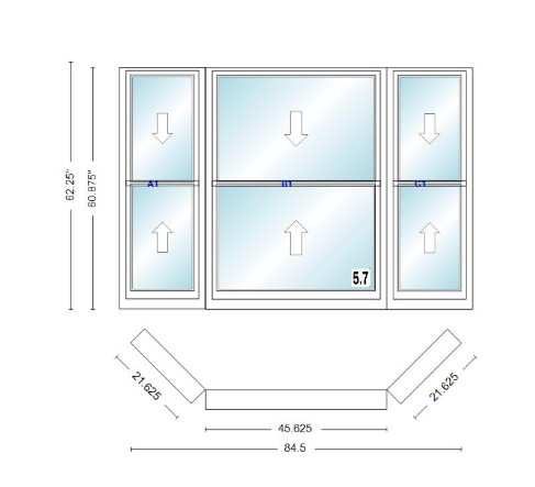 Andersen 400 Series Double Hung Bay Window 84 1/2" Wide Double Hung With Double Hung Flankers 45 Degree Angle Of Deflection Vinyl Exterior Wood Interior Low-E4 Dual Pane Argon Gas