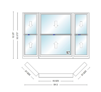 Andersen 400 Series Double Hung Bay Window 84 1/2" Wide Double Hung With Double Hung Flankers 45 Degree Angle Of Deflection Vinyl Exterior Wood Interior Low-E4 Dual Pane Argon Gas