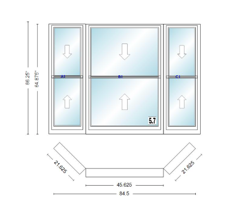 Andersen 400 Series Double Hung Bay Window 84 1/2" Wide Double Hung With Double Hung Flankers 45 Degree Angle Of Deflection Vinyl Exterior Wood Interior Low-E4 Dual Pane Argon Gas