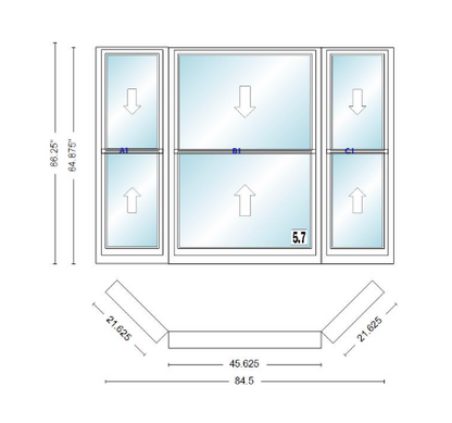 Andersen 400 Series Double Hung Bay Window 84 1/2" Wide Double Hung With Double Hung Flankers 45 Degree Angle Of Deflection Vinyl Exterior Wood Interior Low-E4 Dual Pane Argon Gas
