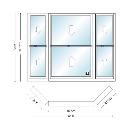 Andersen 400 Series Double Hung Bay Window 84 1/2" Wide Double Hung With Double Hung Flankers 45 Degree Angle Of Deflection Vinyl Exterior Wood Interior Low-E4 Dual Pane Argon Gas
