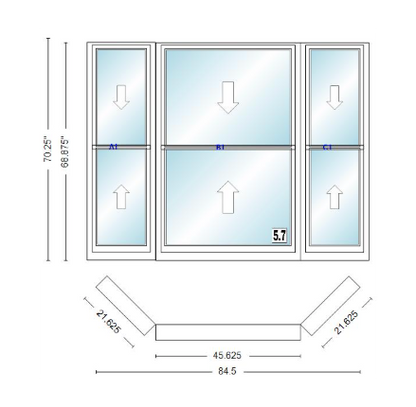 Andersen 400 Series Double Hung Bay Window 84 1/2" Wide Double Hung With Double Hung Flankers 45 Degree Angle Of Deflection Vinyl Exterior Wood Interior Low-E4 Dual Pane Argon Gas