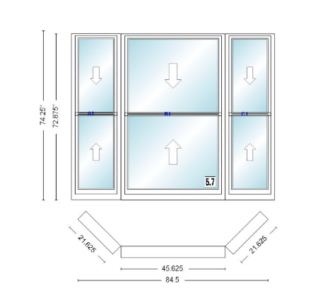 Andersen 400 Series Double Hung Bay Window 84 1/2" Wide Double Hung With Double Hung Flankers 45 Degree Angle Of Deflection Vinyl Exterior Wood Interior Low-E4 Dual Pane Argon Gas
