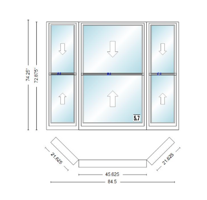 Andersen 400 Series Double Hung Bay Window 84 1/2" Wide Double Hung With Double Hung Flankers 45 Degree Angle Of Deflection Vinyl Exterior Wood Interior Low-E4 Dual Pane Argon Gas