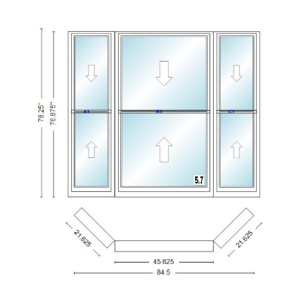 Andersen 400 Series Double Hung Bay Window 84 1/2" Wide Double Hung With Double Hung Flankers 45 Degree Angle Of Deflection Vinyl Exterior Wood Interior Low-E4 Dual Pane Argon Gas