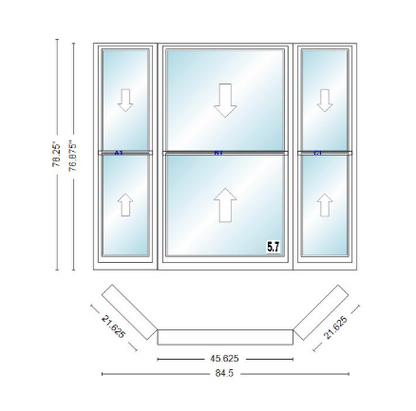 Andersen 400 Series Double Hung Bay Window 84 1/2" Wide Double Hung With Double Hung Flankers 45 Degree Angle Of Deflection Vinyl Exterior Wood Interior Low-E4 Dual Pane Argon Gas