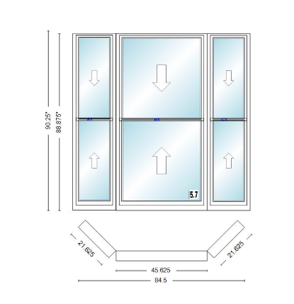 Andersen 400 Series Double Hung Bay Window 84 1/2" Wide Double Hung With Double Hung Flankers 45 Degree Angle Of Deflection Vinyl Exterior Wood Interior Low-E4 Dual Pane Argon Gas