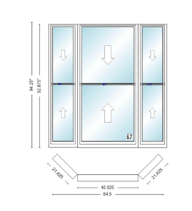 Andersen 400 Series Double Hung Bay Window 84 1/2" Wide Double Hung With Double Hung Flankers 45 Degree Angle Of Deflection Vinyl Exterior Wood Interior Low-E4 Dual Pane Argon Gas