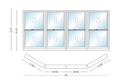 Andersen 400 Series Double Hung Bay Window 120" Wide Double Hung With Double Hung Flankers 30 Degree Angle Of Deflection Vinyl Exterior Wood Interior Low-E4 Dual Pane Argon Gas