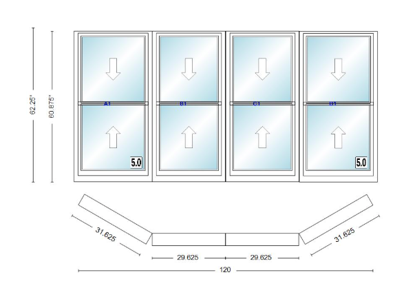 Andersen 400 Series Double Hung Bay Window 120" Wide Double Hung With Double Hung Flankers 30 Degree Angle Of Deflection Vinyl Exterior Wood Interior Low-E4 Dual Pane Argon Gas