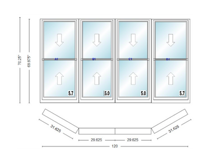 Andersen 400 Series Double Hung Bay Window 120" Wide Double Hung With Double Hung Flankers 30 Degree Angle Of Deflection Vinyl Exterior Wood Interior Low-E4 Dual Pane Argon Gas